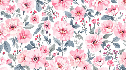 Seamless pattern with Pink flowers painted in watercolor style on a white background, elegant floral design	
