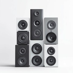 Several Modern, Stylish Speakers Stacked Vertically on White Background