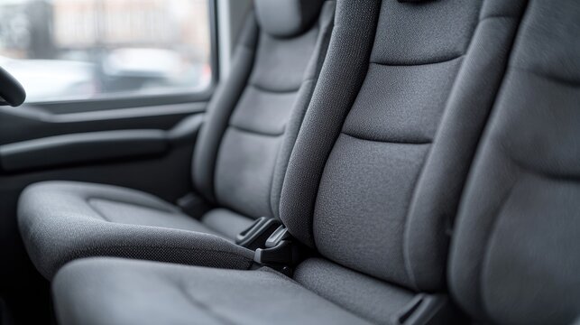 Gray van seats, interior view, city background, transport, business