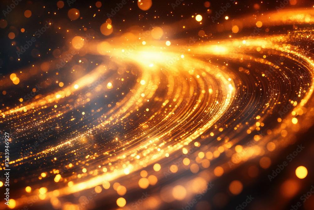 Poster golden swirling lights and bokeh create a luxurious, abstract background.