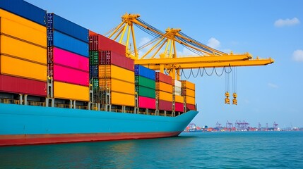 Fototapeta premium Vibrant Container Ship at Port with Cranes and Clear Blue Sky Enhancing Maritime Activity. Economy of Scale Concept