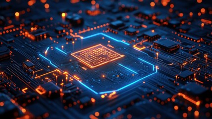 Illuminated CPU on Circuit Board with Glowing Traces