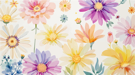 Watercolor white daisies with a yellow center on a white background. Background, pattern
