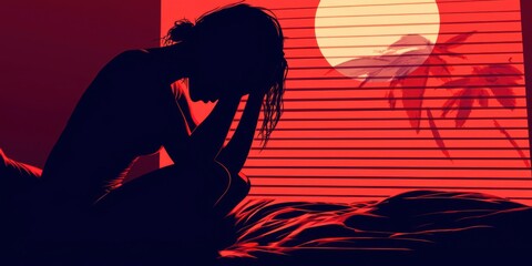 Woman is sitting on a bed with her head down