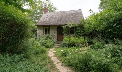 Overgrown Stone Cottage with Weathered Roof Amidst Lush Greenery