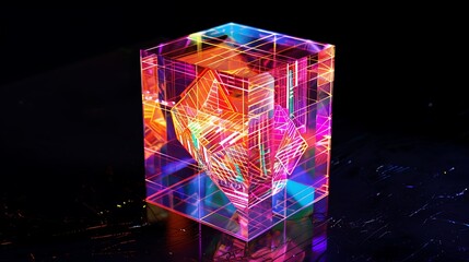 A 3D holographic cube transforming into different geometric patterns, symbolizing technological innovation.

