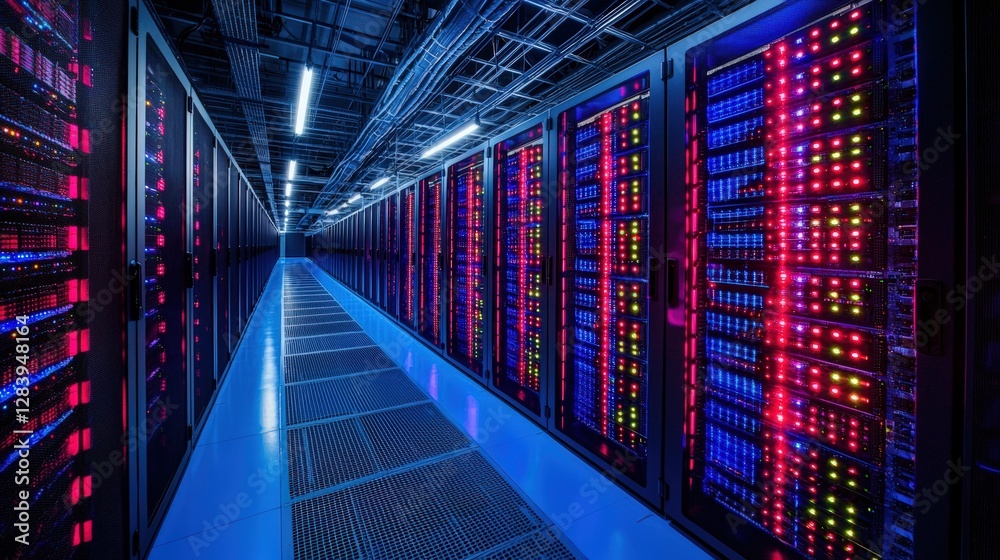 Poster a high-tech server room filled with rows of high performance servers and advanced networking equipme