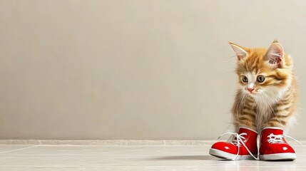 April Fools Day concept. Adorable kitten wearing red shoes on a light background.