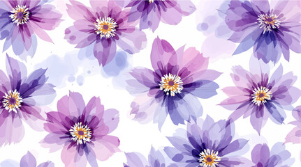 Watercolor pattern with different purple flowers on a white background. Watercolor delicate floral pattern.