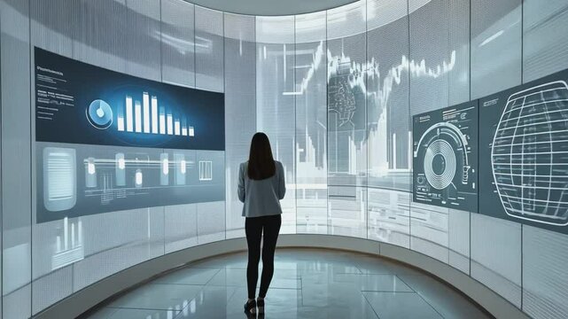 Data Analyst's Insight: A woman stands before a curved wall of interactive displays, analyzing complex data visualizations, charts, and graphs in a futuristic tech environment.