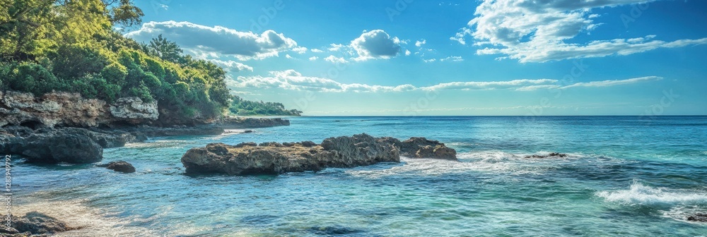Aufkleber coastal view with calm waters and rocky shoreline under a bright sky in a tropical setting. generati