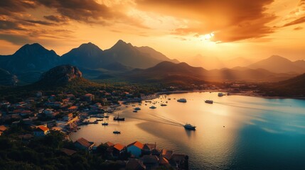 Malerische Bucht vor bergigem Hintergrund beim Sonnenuntergang