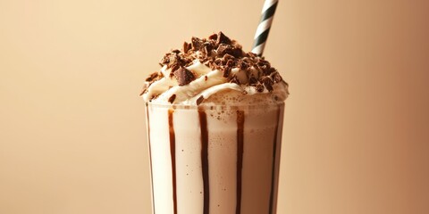 Chocolate milkshake with a straw in it