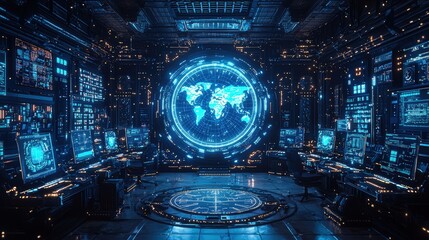 Obraz premium Futuristic cityscape featuring skyscrapers and a giant clock displaying the time in neon lights