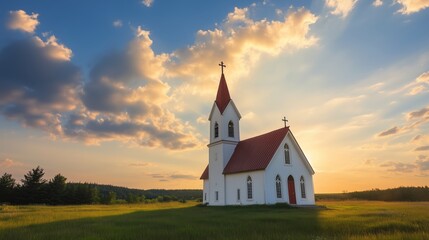 Weiße Kirche auf dem Land bei idyllischem Sonnenuntergang