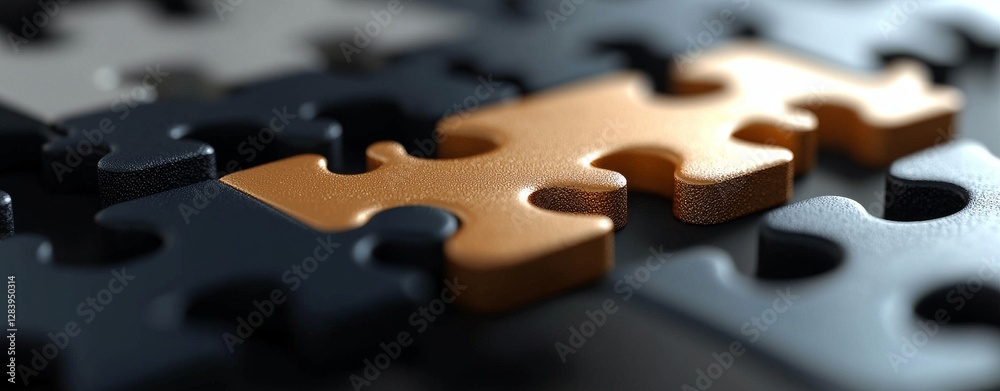 Poster digital network featuring interconnected glowing puzzle pieces that emphasize problem-solving, techn