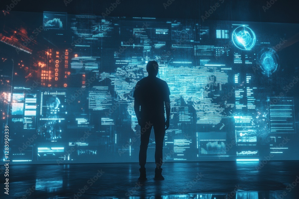 Fototapete human silhouette engaging with futuristic ai data visualizations and analytical graphs in a high tec