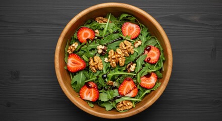 Strawberry, Walnut and Arugula Salad in Wooden Bowl on Dark Wood Surface