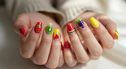 Naklejka premium Fruity Nail Art Design on Woman's Hands Close Up