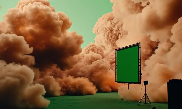 Dramatic scene of swirling smoke clouds around a green screen setup for film production