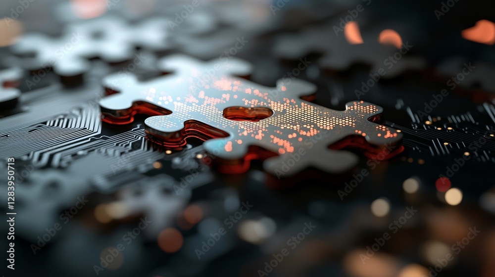 Poster a futuristic tech-inspired abstract background features two interlocking puzzle pieces symbolizing c