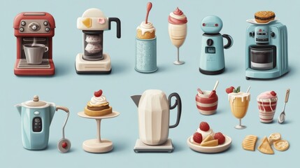 Icons for food and drinks, like ice cream, pans, coffee, and fridges. They show kitchen tools, drinks, meals, and how to cook. 