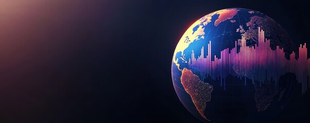 international economics  investment  sustainability. A vibrant, digital depiction of Earth, featuring colorful soundwave patterns, symbolizing the intersection of technology and global communication.