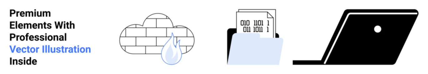Cloud with a firewall and droplet, data folder with documents, and a laptop showcasing digital systems. Ideal for data protection, tech innovation, cyber safety, office tools, IT concepts, cloud
