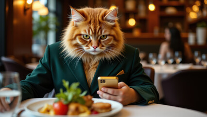 A person wearing a cat mask while sitting at a restaurant table with food and wine.
