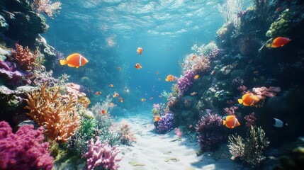 Naklejka premium Vibrant coral reef teeming with clownfish and diverse marine life