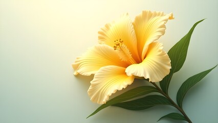 Fototapeta premium A delicate, intricately detailed flower with soft, velvety petals in a warm, sunny yellow hue, set against a subtle, graduated background that transitions from creamy white to pale blue, evoking a sen