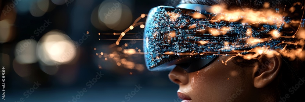 Poster the creation of a digital interface through 3d rendering using a cyborg head with stock