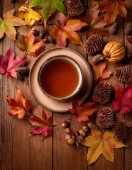 Cup of tea on a wooden table surrounded by autumn leaves