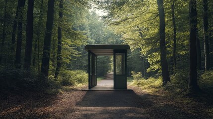 Toll booth at a forest entrance with sunlight filtering through trees. Featuring nature travel and forest adventures