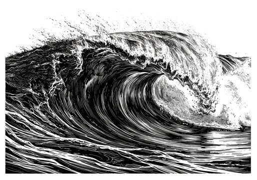 Dramatic Ocean Wave with Swirling Foam, Showcasing the Power and Beauty of the Sea, Black and White Sketch Engraving, Scratch Board Imitation, Raster Illustration