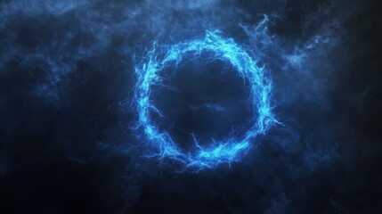 Glowing blue electric energy ring in dark smoky atmosphere