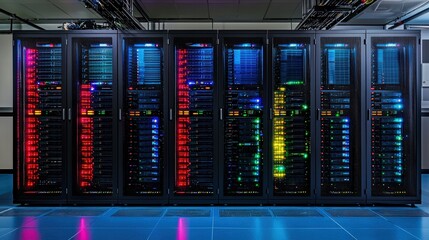 A high-tech server room filled with multiple servers and network equipment illuminated by leds
