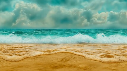 Serene Beach Scene with Gentle Waves under Dramatic Sky