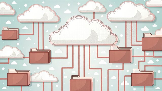 cloud based file storage Cloud computing concept with folders connected by lines in a whimsical design.