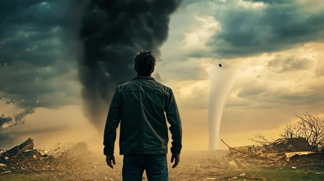 Man watching a powerful tornado approaching in a rural area during a stormy evening, a man standing see or watch tornado typhoon hurricane disaster