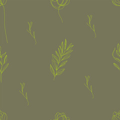 Seamless botanical pattern with herb.  Abstract line art grass. Minimalist and elegant design, perfect for textiles, wallpaper, and decor.