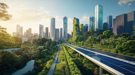 Sustainable urban landscape with solar panels and green infrastructure
