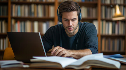 Happy adult Latin student man in headphones studying online at laptop and open books on table, watching lecture, webinar on computer, speaking on conference chat, using technology for education