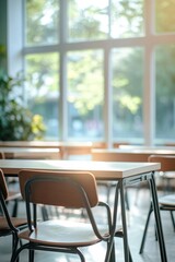 Beautiful blurred background of bright classroom and study room with panoramic windows and beautiful lighting. Blurred school classroom without students with empty chairs and tables.