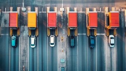 Toll booth at a highway interchange with multiple lanes. Featuring efficient traffic flow and organization