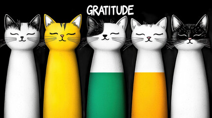 Colorful cartoon cats with the word "Gratitude" above them.