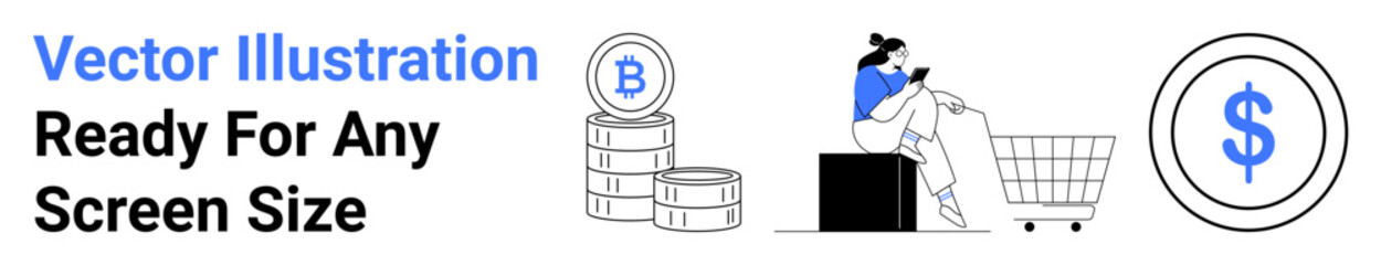 Woman using smartphone near shopping cart, stacks of bitcoin, and dollar coin. Ideal for e-commerce, digital transactions, fintech, cryptocurrency, online shopping, mobile apps flat landing page