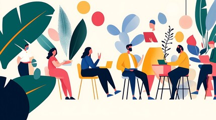 Diverse Group of People Engaging in Collaborative Work in a Modern Office Environment with Creative Design Elements