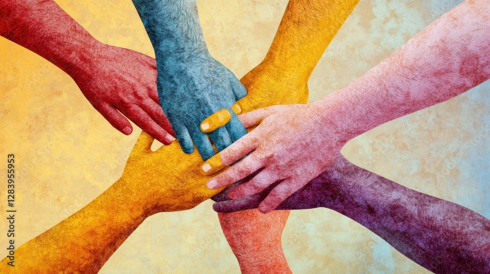 Poster illustration of diverse hands joined together symbolizing unity and support among different communit