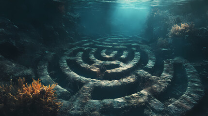 Enchanted underwater labyrinth of forgotten treasures, hyperrealistic photo. Ancient Forgotten Labyrinth. Illustration